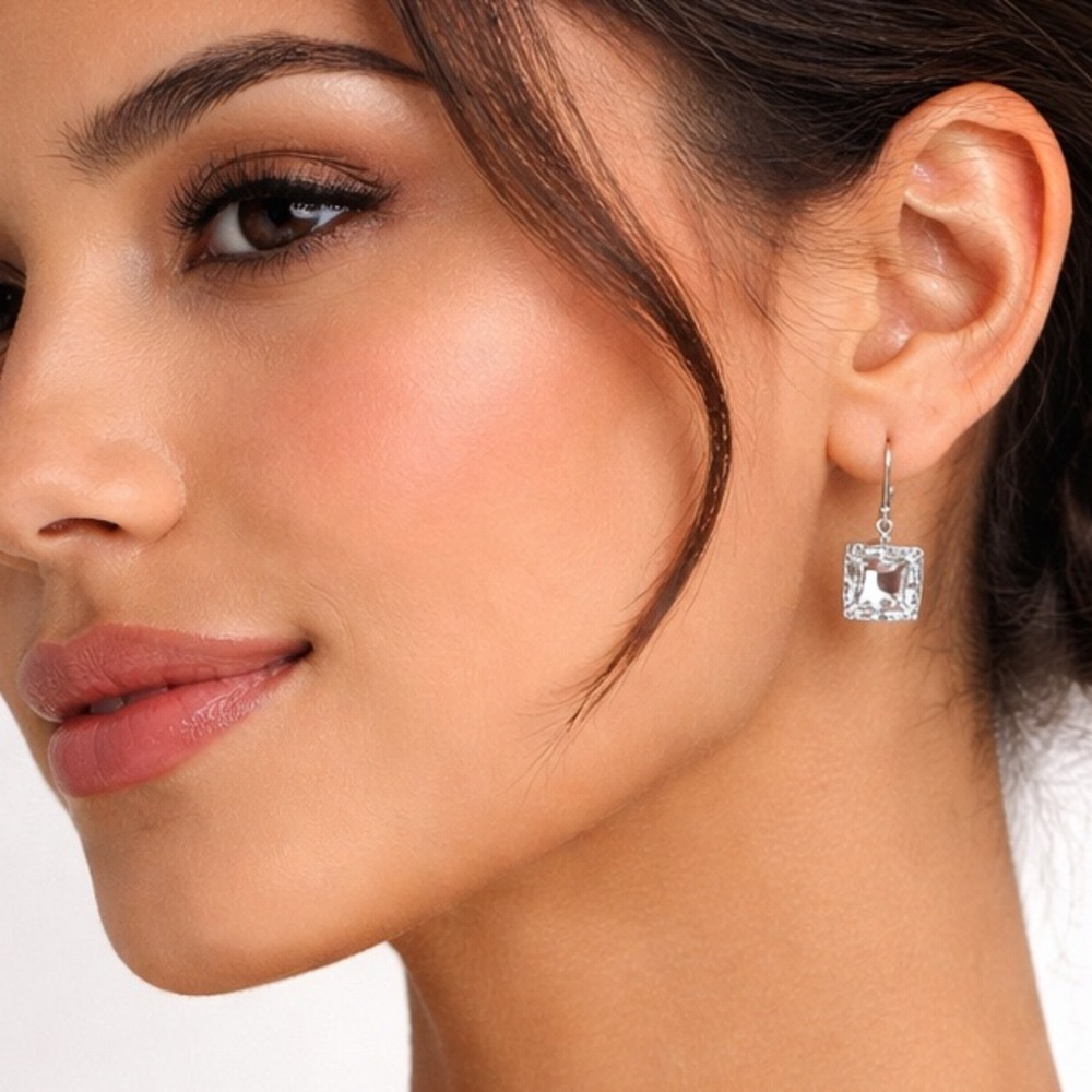Square-Cut Crystal Drop Earrings | Silver Minimalist Sparkle